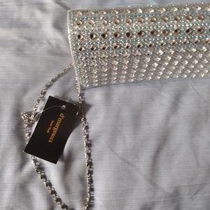 Silver, sequence; bead clutch with strap